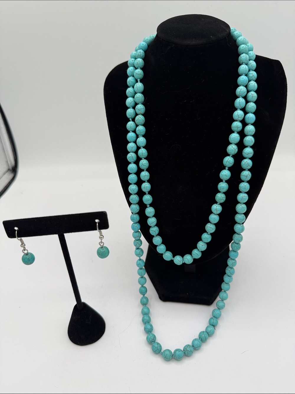 Faux Turquoise Beaded Long Strand Necklace & Matching Dangle Earrings Set